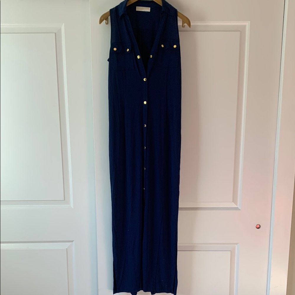 Navy Sleeveless Maxi Dress with Gold Buttons